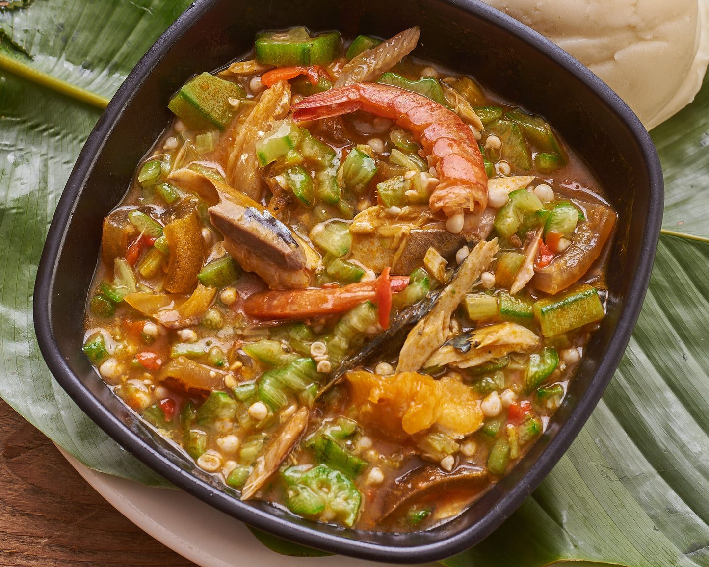 Pounded Yam with Okra Soup and Fish