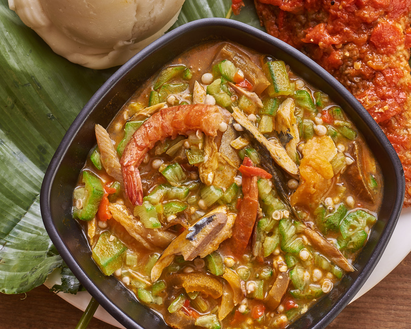 Pounded Yam with Okra Soup and Fish