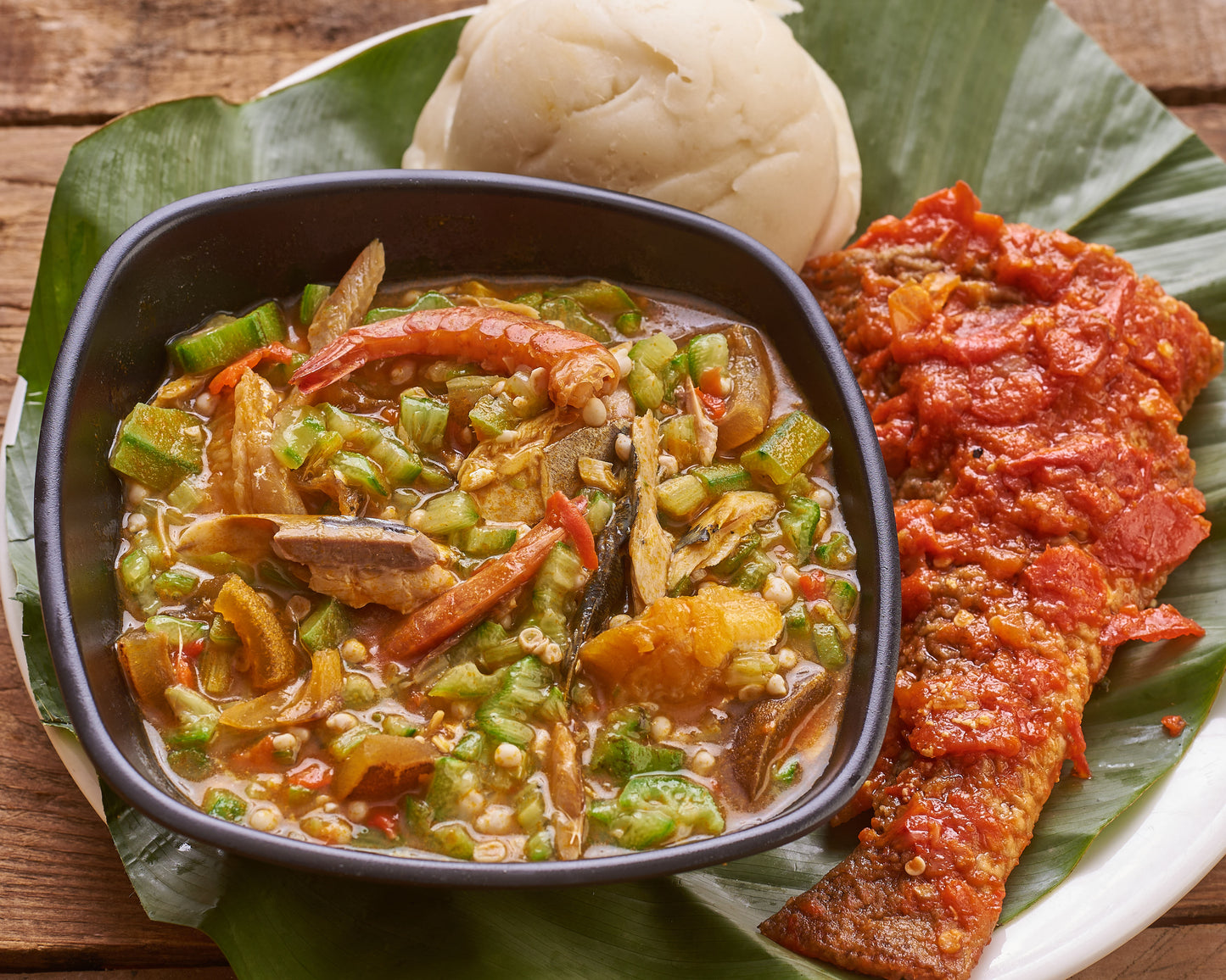 Pounded Yam with Okra Soup and Fish