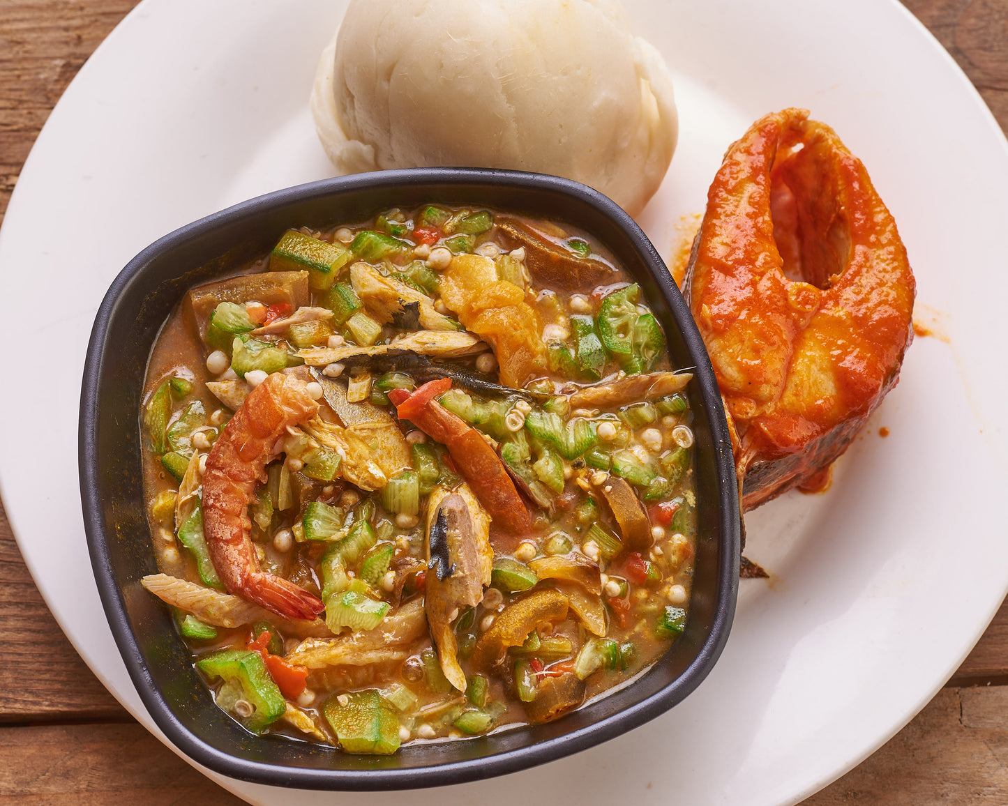 Pounded Yam with Okra Soup and Fish