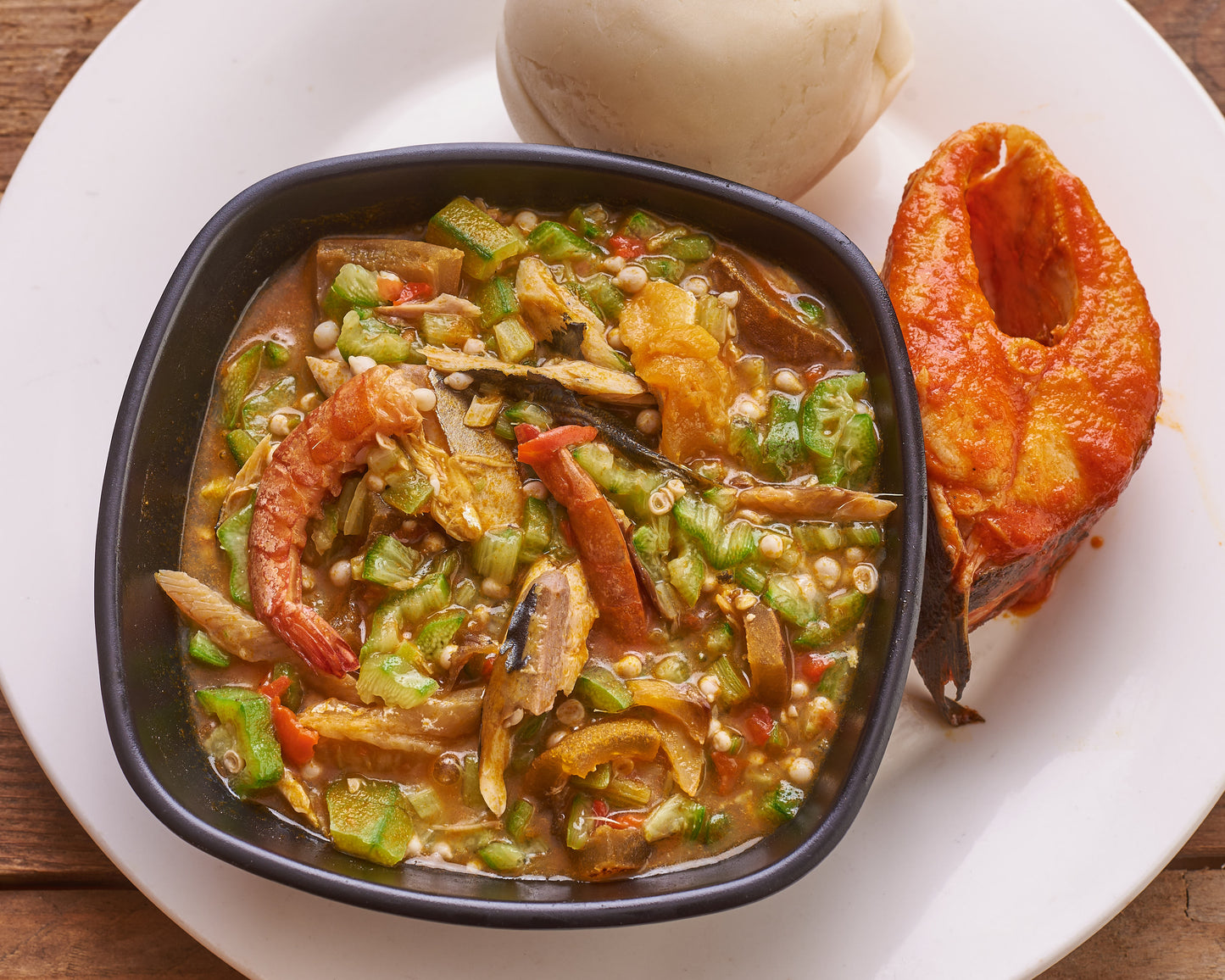 Pounded Yam with Okra Soup and Fish