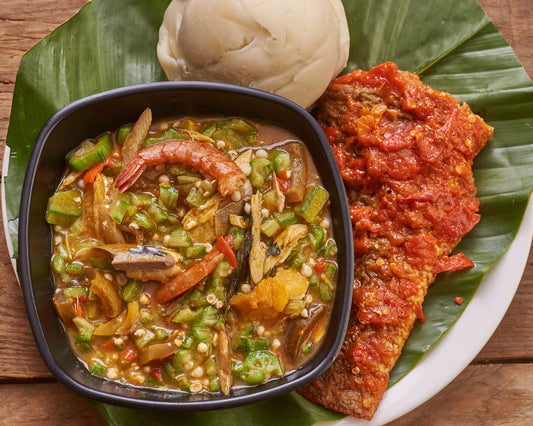 Pounded Yam with Okra Soup and Fish