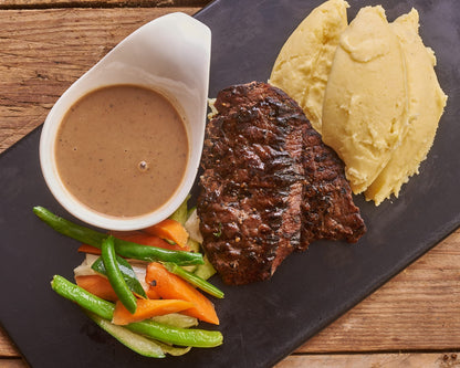 Mash Potatoes served with braised steak with black pepper mushroon sauce, green peas or stir fry vegetable - (Pre Order)